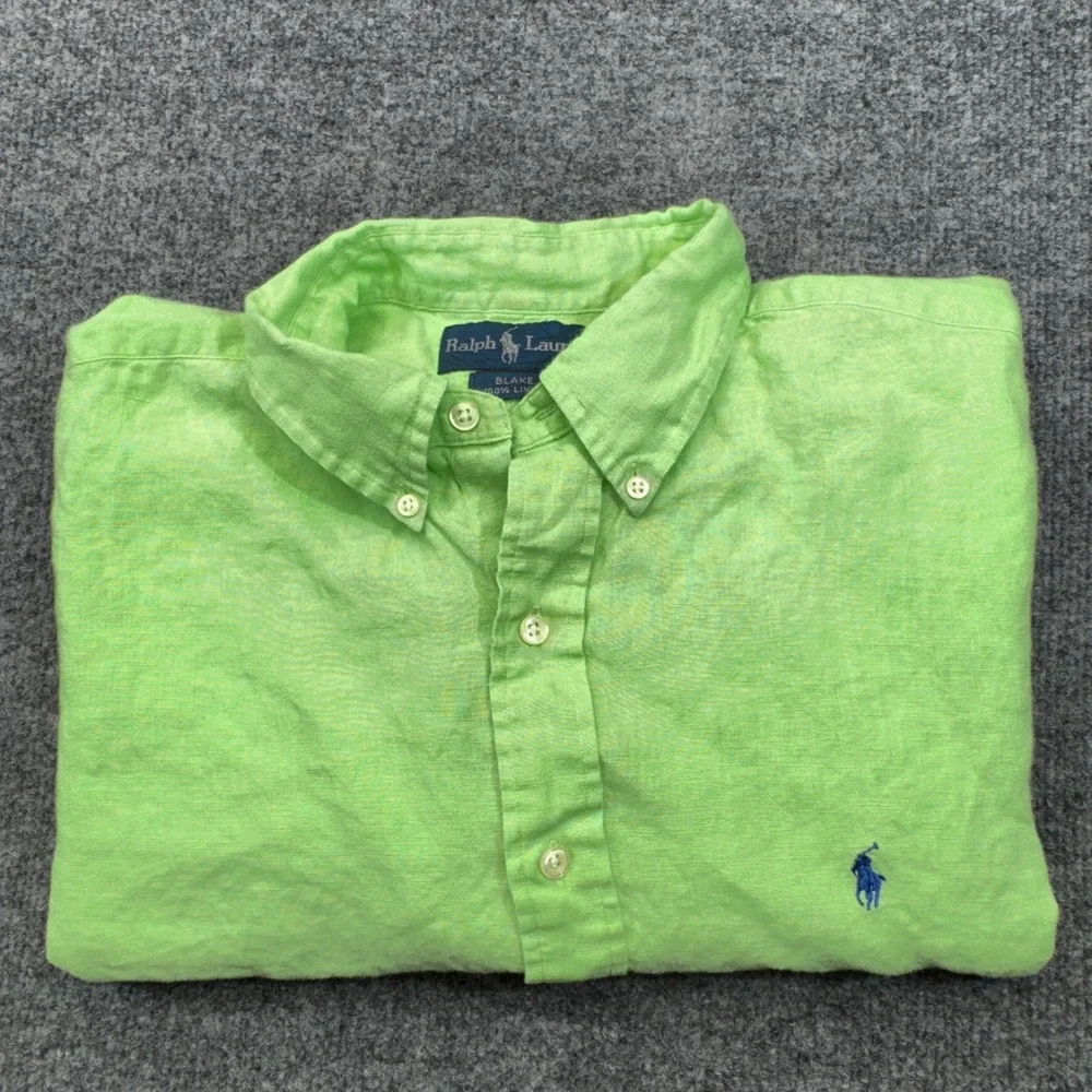 Vintage Polo Ralph Lauren Linen Shirt Mens XL Green Button Up Short Sleeve 90s